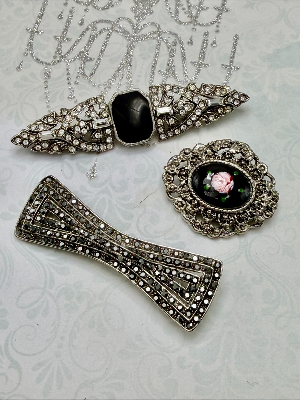 Vintage Silver & Black Jewelry Trio - Brooches #cz724